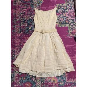 1950 Jr Flair by Sportlan Dress Beautiful Ivory Rhinestones Pleated Dress
